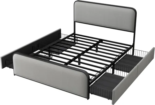 Vista 49 de SOFTSEA Cama de plataforma tapizada tamaño Queen con cajón de almacenamiento, marco de cama tapizado con cabecera con respaldo de alas, soporte