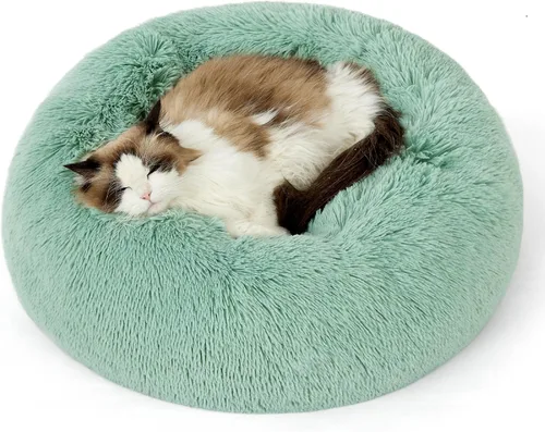 Bedsure - Cama relajante para gatos de interiores, lavable, pequeña, cama antideslizante, redonda, mullida, afelpada, de piel sintética, para Verde