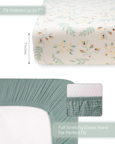 Vista 6 de Sábanas de muselina para cuna, para niñas y niños, sábana bajera ajustable de algodón neutro para colchón estándar y cama de niños pequeños