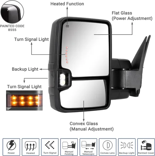 Vista 2 de Espejo de remolque para Silverado Sierra - Compatible con 2003-2007 Chevy Silverado GMC Sierra, espejos de remolque con vidrio ajustado
