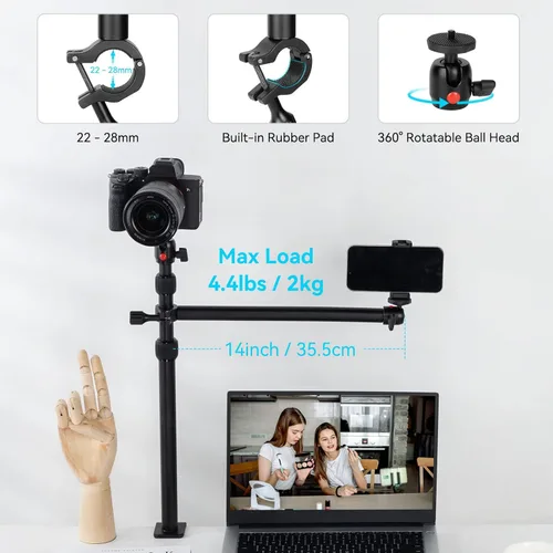 Vista 4 de SmallRig Camera Desk Mount Table Stand with Magic Arm and 1/4" Ball Head, 13"-35.4" Adjustable Light Stand, Tabletop C Clamp for DSLR Camera, Ring