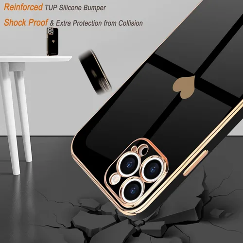 Vista 5 de Teageo Funda para iPhone 13 Pro para mujeres y niñas, diseño de corazón de amor, cubierta trasera suave, protección completa de la cámara, Negro