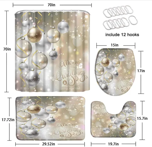 Vista 2 de Juego de 4 cortinas de ducha de Navidad con alfombras, cubierta de tapa de inodoro, cintas brillantes de copos de nieve y bolas de Navidad doradas