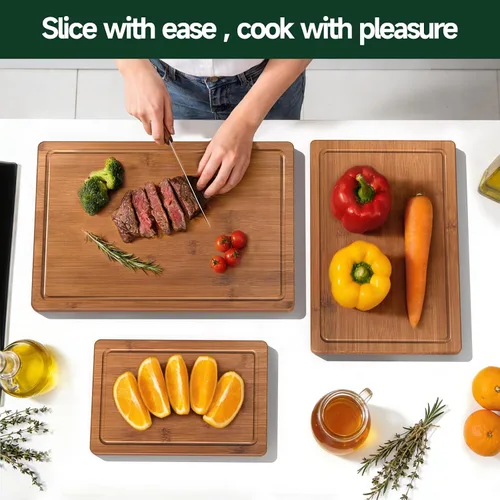 Vista 7 de Juego de 3 tablas de cortar de bambú carbonizado profundo para cocina Carbonized