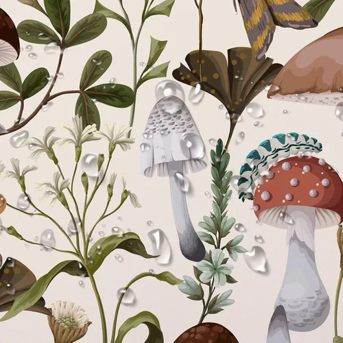 Vista 4 de HVEST 70s Mushroom Shower Curtain, Various Mushrooms and Leaves on Beige Background Bathroom Curtain with Hooks, Vintage Plant Bath Polyester Fabric