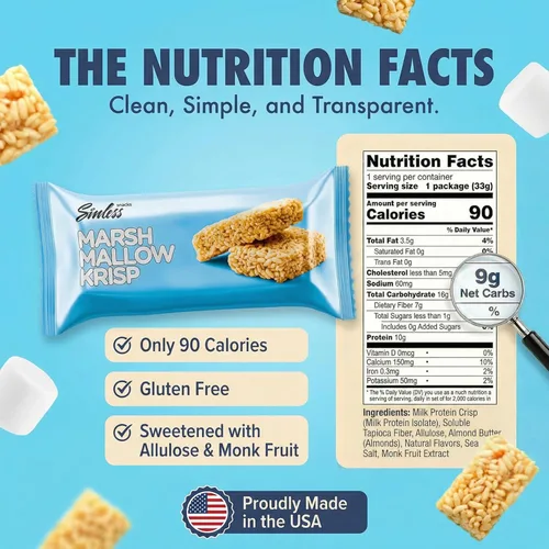 Vista 2 de Sinless Snacks Deliciosa barra de malvavisco Krisp - Bocadillo keto bajo en carbohidratos, 0.35 onzas de proteína, 0.07 oz de carbohidratos netos