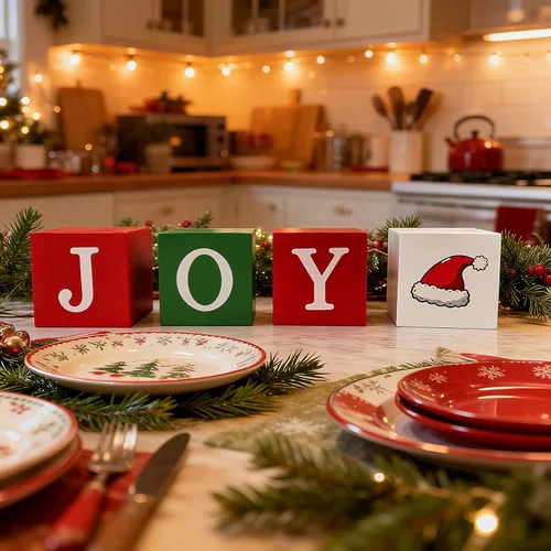 Vista 2 de 4 piezas de decoración de mesa de Navidad para interiores, bloques de madera, letreros rojos, verdes y blancos, centros de mesa de Navidad