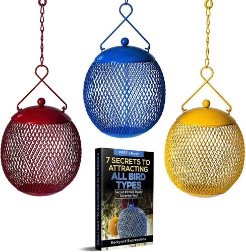 Vista 8 de Backyard Expressions - Paquete de 3 comederos para pájaros de malla metálica para exteriores – rojos, azules y amarillos, comederos colgantes