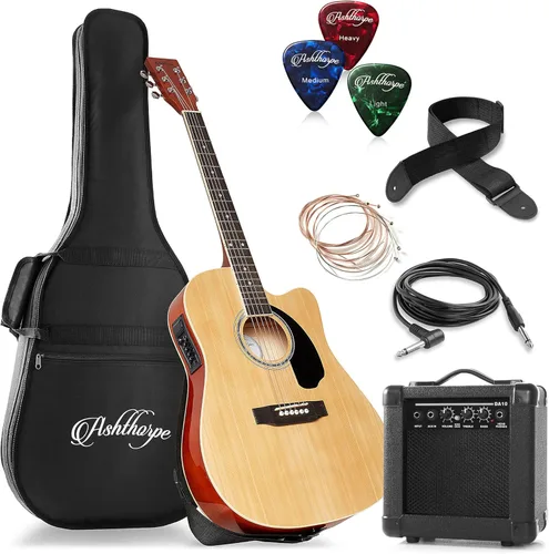 Vista 11 de Ashthorpe Paquete de guitarra eléctrica acústica Thinline Cutaway de tamaño completo con amplificador de 10 W, color negro
