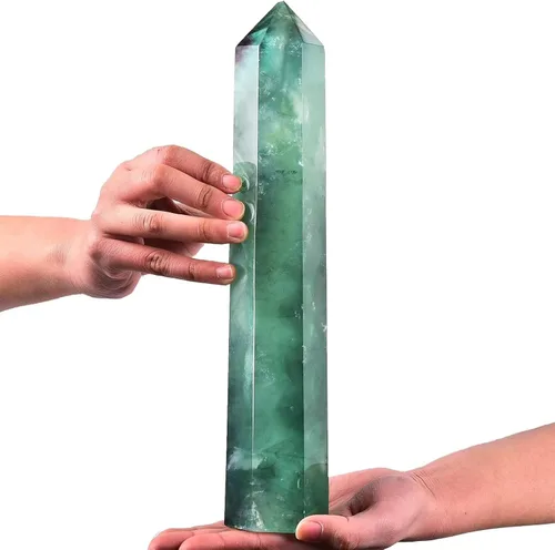 Vista 56 de AMOYSTONE Torre de obelisco de cristal curativo extra grande de aventurina azul con punta de cristal, decoración Reiki 1-1.2 KG