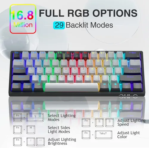 Vista 2 de AULA Teclado mecánico para juegos 60 % con cable, 29 teclados intercambiables en caliente personalizados retroiluminados RGB, interruptor marrón