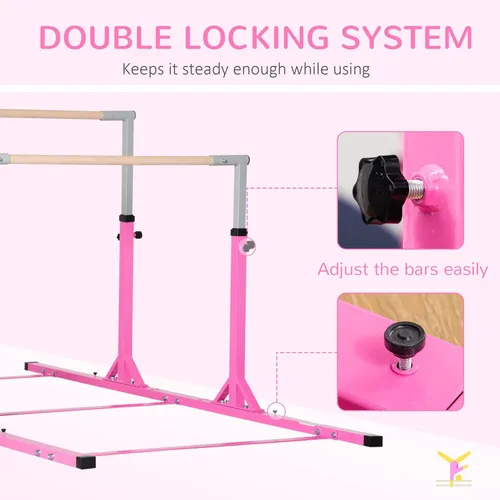 Vista 5 de Qaba Barras horizontales dobles, barras desiguales juveniles para gimnasia para el hogar con alturas ajustables de 13 niveles de 36 a 59 pulgadas