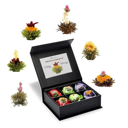 Vista 8 de Creano Blooming Tea Mix - Juego de 6 piezas de té blanco y té negro en elegante caja magnética con relieve plateado