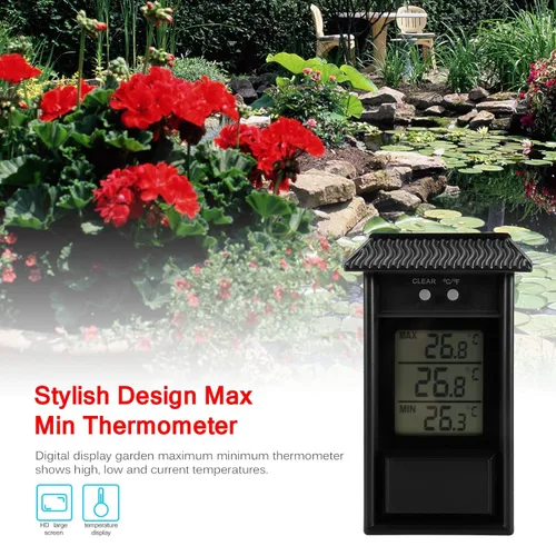 Vista 7 de Min Max - Termómetro digital con pantalla LCD, grabación de temperatura máxima y mínima para invernadero de jardín, accesorios con gancho para Negro