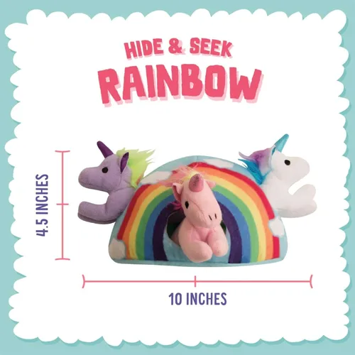 Vista 4 de SNUG AROOZ Hide & Seek Rainbow Dog Toy con parche de reparación – Arco iris de peluche interactivo con 3 unicornios chirriantes – Diseñado para un