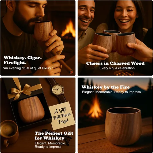 Vista 9 de Juego de vasos de madera carbonizada, vaso de whisky de acacia prémium hecho a mano de 11 onzas, 2 piedras y 1 molde de bola de hielo, vidrio