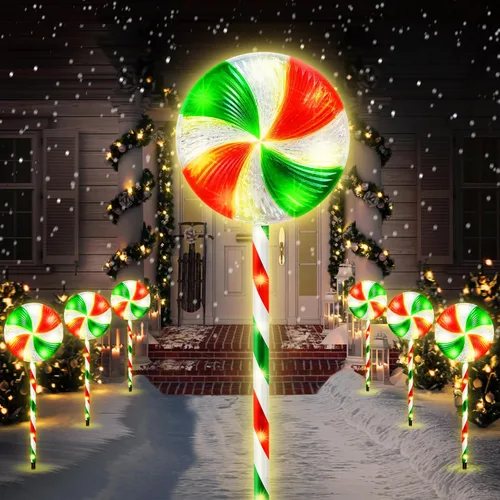 Vista 8 de Flashmen Paquete de 6 luces de camino de piruletas de 28 pulgadas, decoraciones navideñas al aire libre con 8 modos de iluminación, marcador