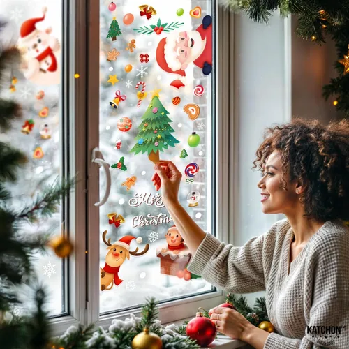 Vista 4 de KatchOn Adhesivos de Navidad para ventana, 242 piezas, calcomanías de vidrio para ventanas, decoraciones navideñas, adhesivos de invierno