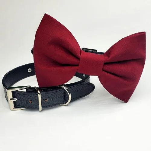 Vista 4 de Collar de moño para perro burdeos, collar de boda para perro, collar de perro de boda rojo profundo, collar formal para perro, ropa de boda