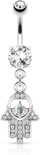 Pierced Owl - Anillo de ombligo colgante de mano Hamsa de cristal CZ de acero inoxidable 14GA