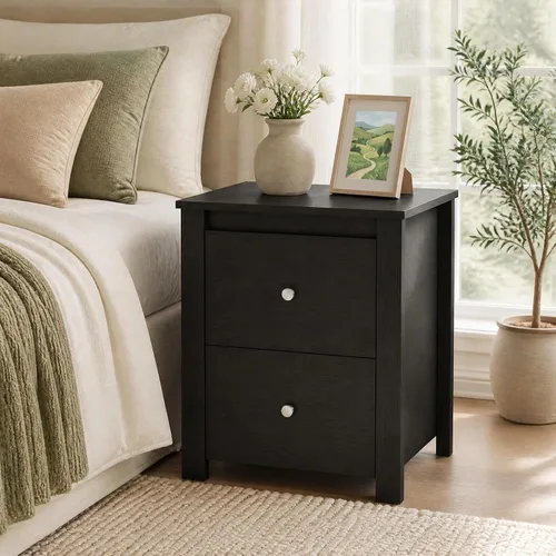Vista 2 de KOMFOTT Mesita de noche con 2 cajones, moderna mesita de noche de madera Negro