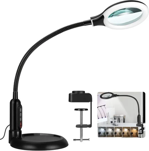 Vista 9 de Lupa 10X con luz y abrazadera, 5 modos de color, lupa iluminada regulable sin escalones con soporte, lámpara de escritorio LED de cuello de cisne