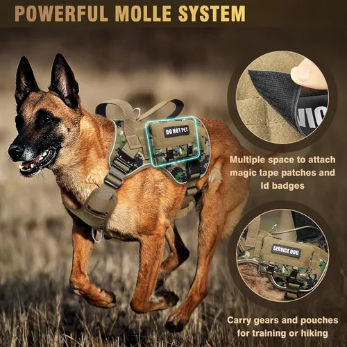 Vista 8 de WINSEE - Arnés táctico para perro grande, chaleco MOLLE de servicio para perro resistente con 10 parches para mascotas, chaleco militar de trabajo