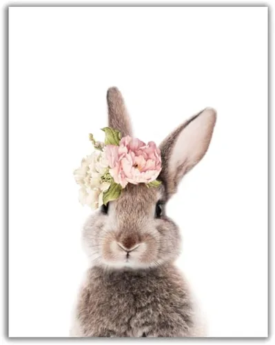 Arte de pared de guardería ~ Estampado de conejito ~ Decoración de dormitorio de niñas ~ Conejo con corona floral – Arte de pared de animales –