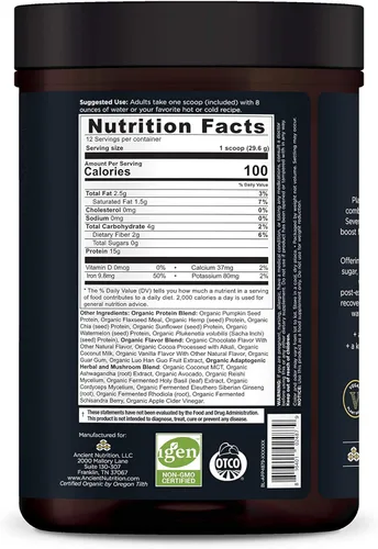 Vista 2 de Ancient Nutrition Proteína en polvo a base de plantas, proteína vegetal +, chocolate, suplemento de superalimentos veganos orgánicos, 0.55 onzas