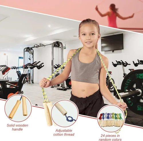 Vista 3 de Shappy 24 cuerdas de saltar para niños, cuerda de saltar ajustable de algodón de 7.25 pies con mango de madera, cuerda de salto trenzada para niños