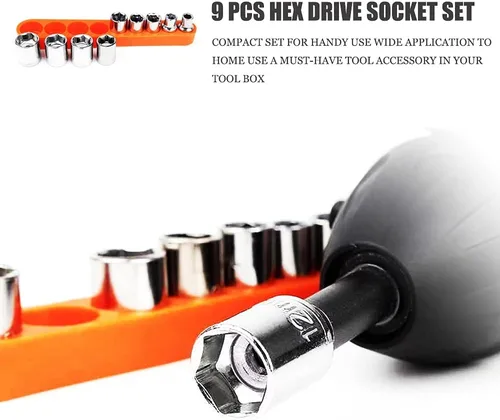 Vista 5 de Juego de llaves de vaso métricas de 1/4, juego de llaves hexagonales estándar, juego de 9 piezas de llaves de impacto