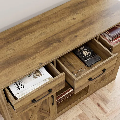 Vista 6 de HOSTACK Armario de almacenamiento de madera moderno estilo granja, con puertas de granero, aparador con almacenamiento, cajones y estantes