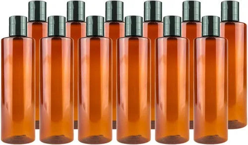 Vista 12 de Botellas de plástico ámbar (paquete de 12) – Botella de plástico ámbar de 1 onza con tapas de rosca; se utiliza como champú reutilizable, loción