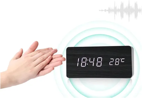 Vista 7 de Reloj despertador de madera LED alimentado por USB/AAA, control de voz, despertador de madera digital, decoración de mesa de escritorio electrónico