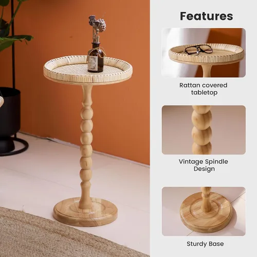 Vista 4 de Mesa auxiliar redonda de ratán pequeña para espacios pequeños, mesa auxiliar circular bohemia con patas de madera maciza para sala de estar, mesa