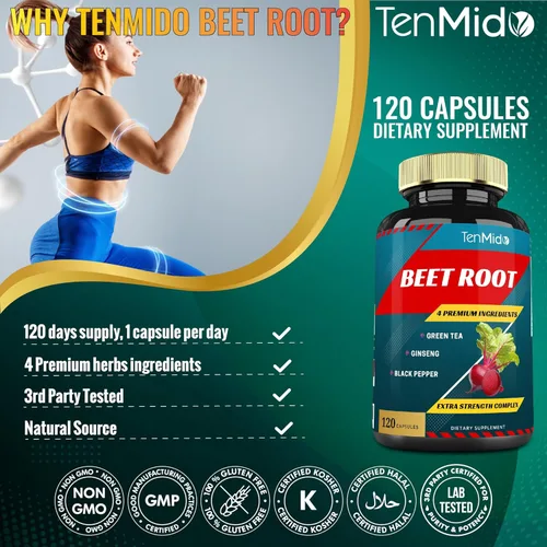 Vista 8 de Cápsulas de extracto de raíz de remolacha, suministro de 4 meses y té verde, ginseng, pimienta negra Aumento de energía, apoyo de rendimiento