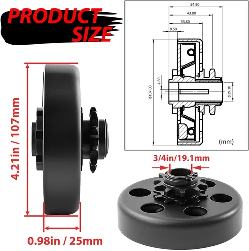 Vista 3 de KIKITE Embrague Go Kart 3/4" Orificio 10 Dientes Para Cadena 40/41/420, Embrague Centrífugo Para Cadena Mini Bicicleta 10T Compatible con Predator
