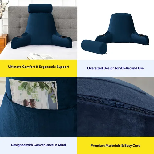 Vista 6 de Sweet Home Collection Almohada de lectura extra grande máxima comodidad y apoyo para reposo en cama con portavasos