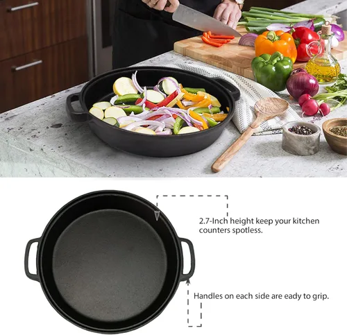 Vista 4 de Sartén de hierro fundido con tapa de vidrio templado, sartén profunda de hierro fundido de doble mango de 12 pulgadas con tapa para cocina