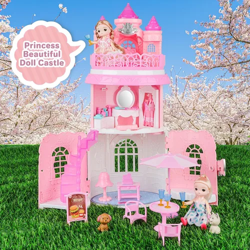 Vista 7 de deAO Casa de muñecas para niñas, juego portátil, casa de muñecas, castillo, juego de simulación para niños con 2 figuras de muñeca, sala de estar