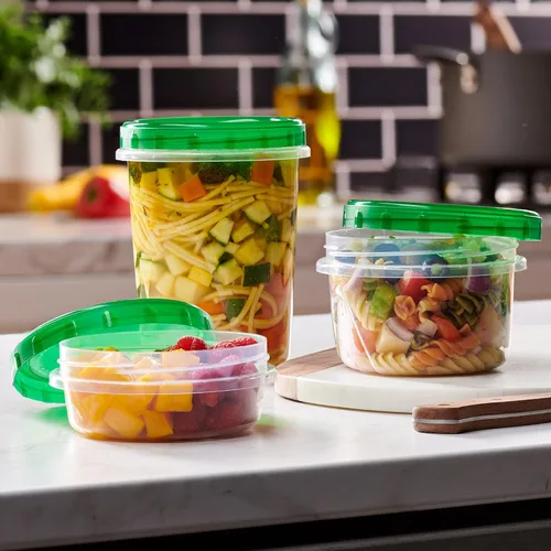 Vista 7 de PLASTICPRO Paquete de 6 recipientes de almacenamiento de alimentos con tapa giratoria con rosca verde, recipientes reutilizables de 16 onzas