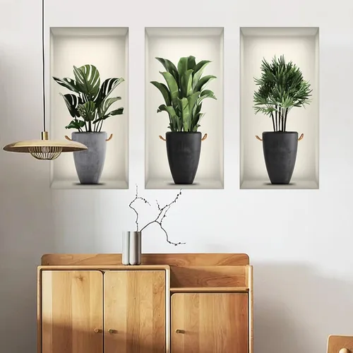 Vista 3 de Calcomanías de pared de plantas verdes 3D, calcomanías de pared en macetas tropicales, vinilo creativo para despegar y pegar, decoración de pared