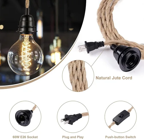 Vista 4 de Simple Deluxe Cable de luz colgante de 15 pies, enchufe E26 adecuado con interruptor, cuerda de cáñamo trenzada, kit de luz colgante
