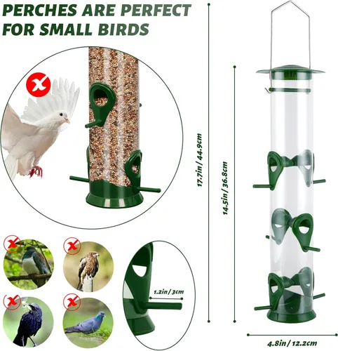 Vista 5 de 2 paquetes de comederos para pájaros verdes, comederos colgantes de tubo, comederos para pájaros salvajes de 6 puertos, comederos premium