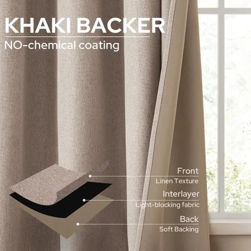 Vista 5 de HOMEIDEAS Cortinas 100% opacas beige de 63 pulgadas de largo, mezcla de lino con textura de oscurecimiento, cortinas con aislamiento térmico