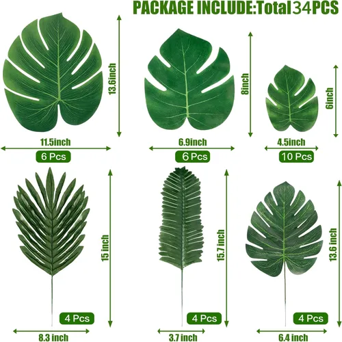 Vista 2 de Sggvecsy 34 piezas de 6 tipos de hojas de palma tropicales artificiales, hojas tropicales, hojas de Monstera, hojas de selva de safari con tallos
