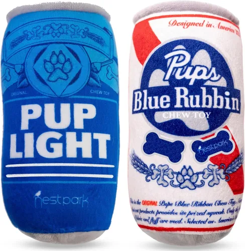 Nestpark Pup Light and Pups Blue Rubbin - Juguetes de cerveza para perros de parodia - Divertidos juguetes de felpa chirriante y arrugada para