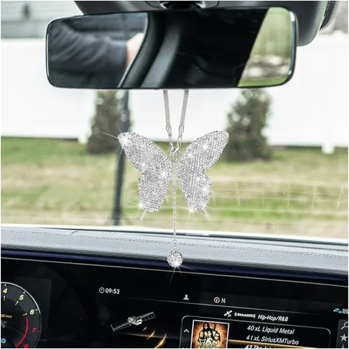 Vista 15 de zipelo Accesorios para el auto con diamante en forma de mariposa brillante, dijes de cristal para el espejo retrovisor del auto para mujeres