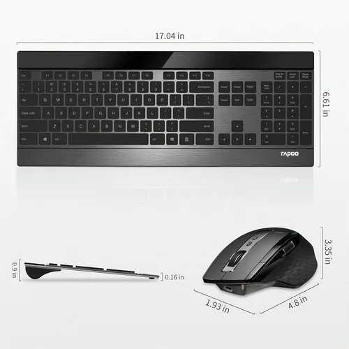 Vista 8 de RAPOO Combo de teclado inalámbrico y mouse láser, multidispositivo (Bluetooth 4.0+3.0+2.4G), teclado de computadora ultra delgado, diseño compacto
