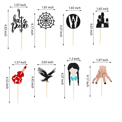 Vista 2 de Arthsdite 24 piezas de decoración de cupcakes de terror Wednesday Addams Thing Hand Black Eagle I Hate People Cobweb Castle Girl Addams Family